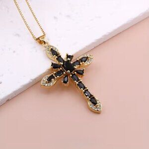 Black & Gold Crystal Cross Pendant Necklace Christian Faith Jewelry Women Gift
